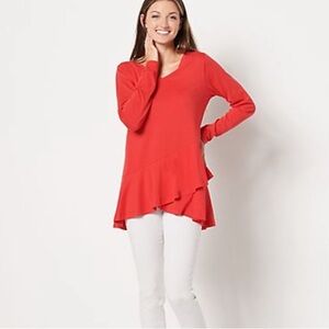 LOGO by Lori Goldstein Long Sleeve Peplum Top in Wild Strawberry